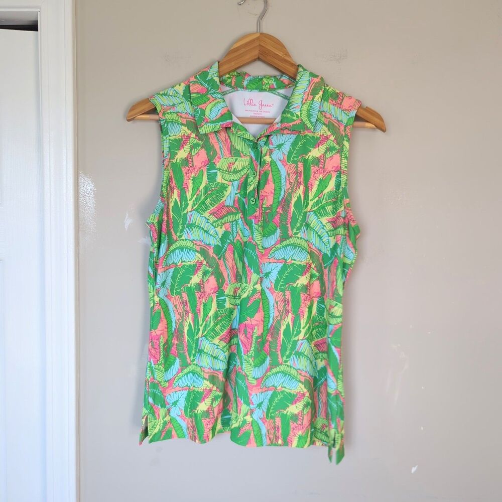 Lillie Green Golf Palm Fronds 1/4 Button Polo Tank Medium Green Pink Coastal